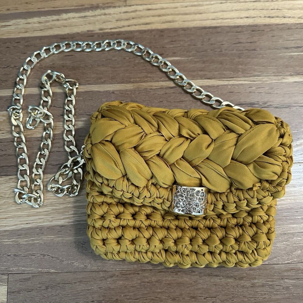 Handmade Mustard Yellow Crochet Fabric Bag with Gold Chain